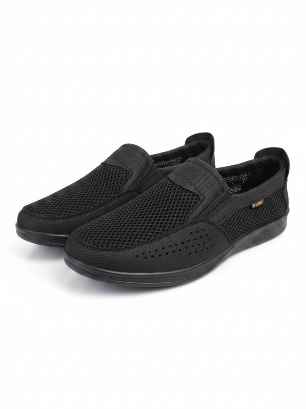 Mens Black Mesh Slip-On Casual Shoes Rubber Outsole Round Toe Logo Accent